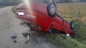 Zwierzę wbiegło na jezdnię. 19-latek tracił panowanie nad fiatem i dachował